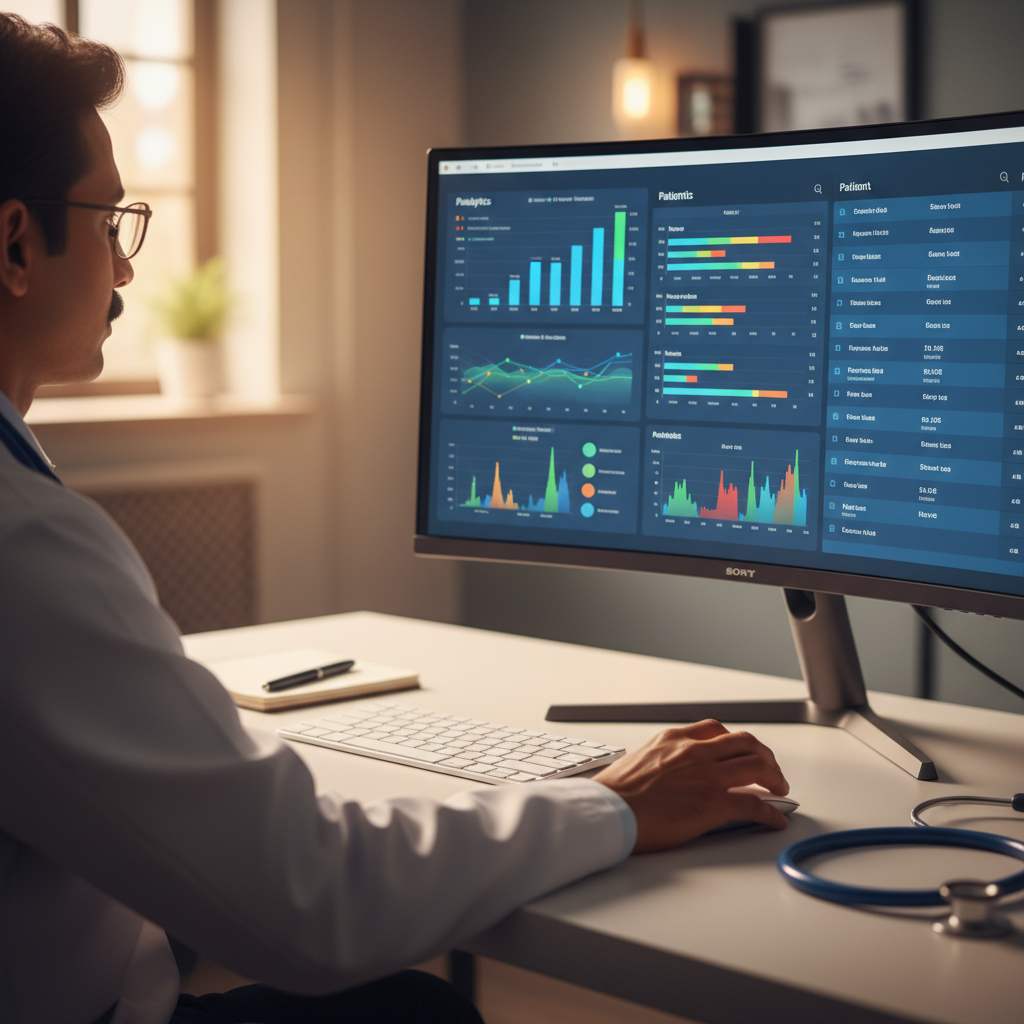 Doctor using CareOS healthcare dashboard with patient analytics