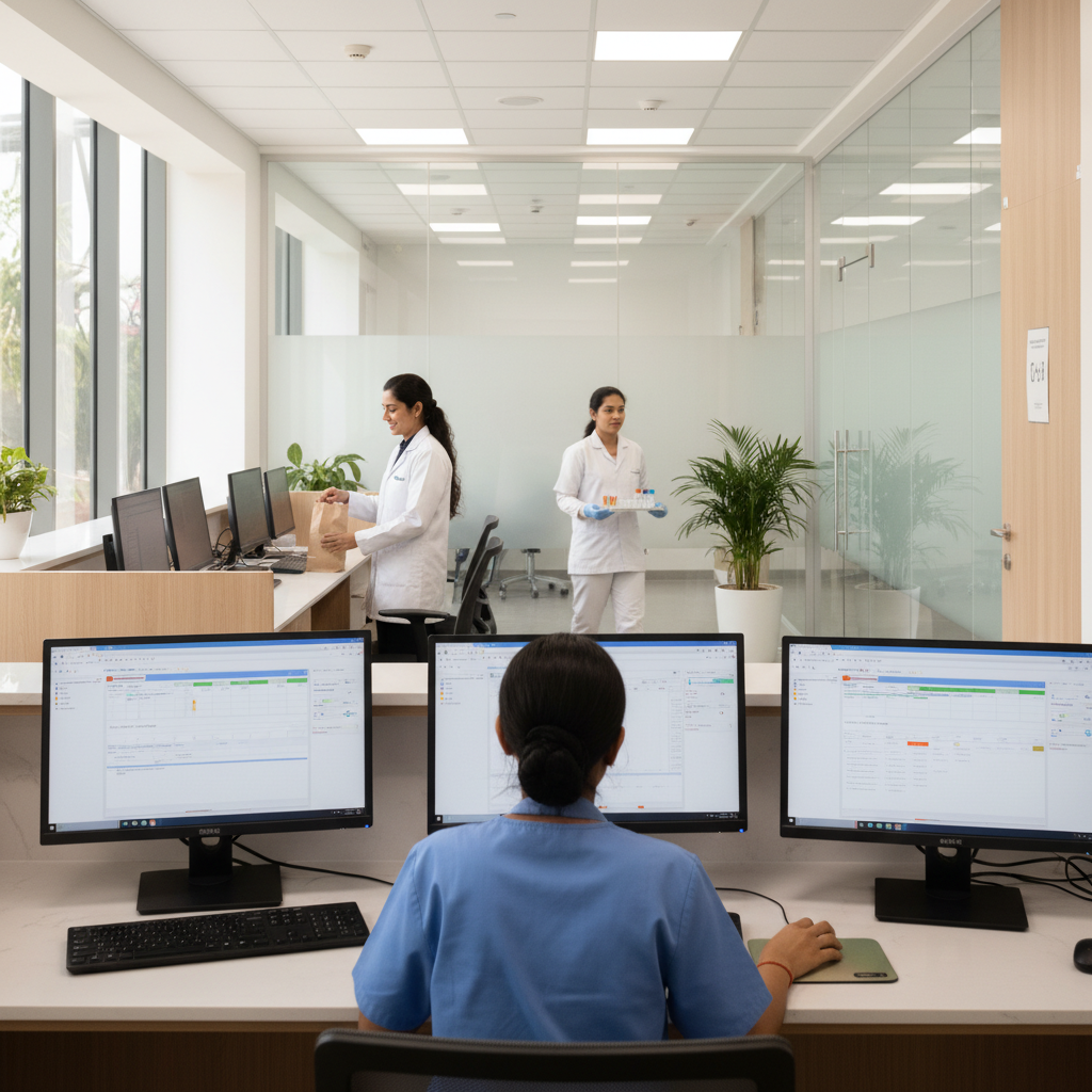 Coordinated hospital workflow — nurse station, pharmacy, and lab working together through CareOS